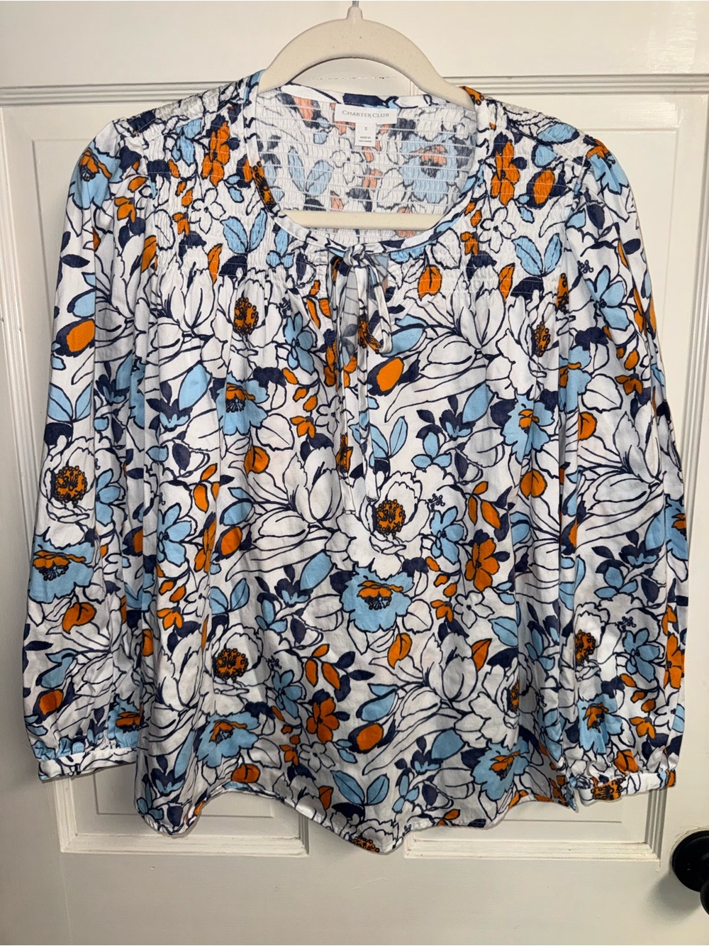 Charter Club Blue & Orange Floral Peasant Blouse Size Small